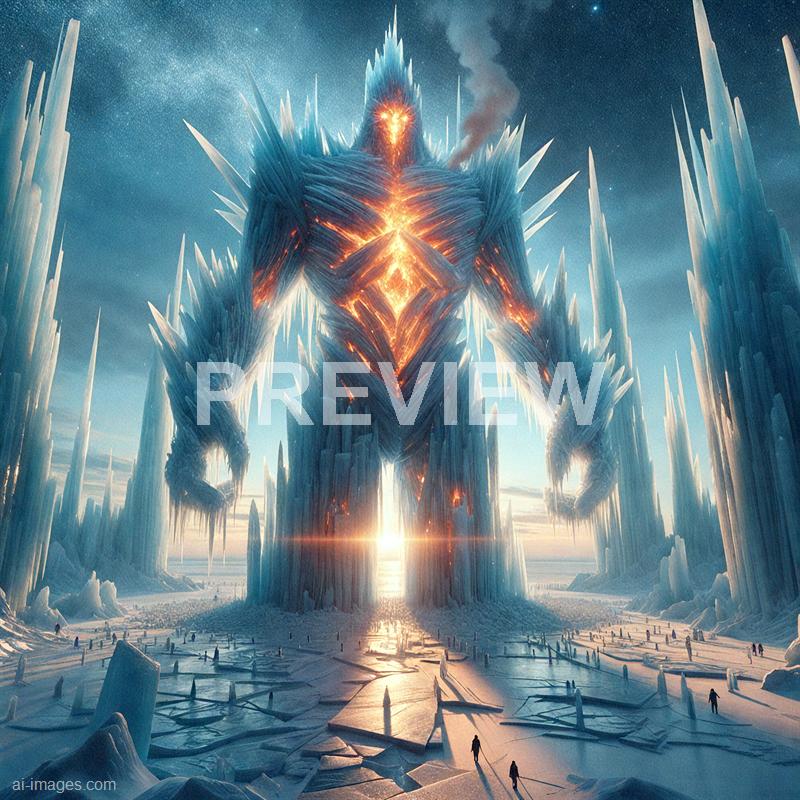 The image depicts an enormous, humanoid figure made entirely of ice and glowing with fiery orange light emanating from within its body. The figure stands amidst jagged ice formations on a vast icy landscape, with small human figures at its feet for scale, emphasizing its colossal size. The background features a starry night sky with a faint nebula, creating a surreal and otherworldly atmosphere. Smoke or steam rises from the figure's head, adding to the sense of immense power and mystique.